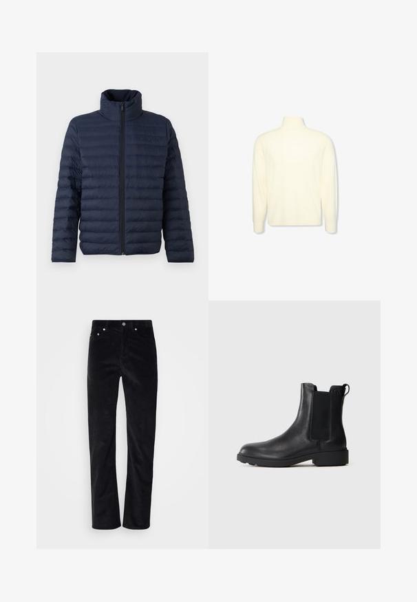 Calvin Klein CHANNELED PUFFER - Übergangsjacke - dark sapphire; Cremefarbener Rollkragenpullover mit langen Ärmeln, gerippten Bündchen und einem dezenten Logo auf der Brust, abgebildet auf einem schlichten weißen Hintergrund.; Schwarze Cordhosen mit geradem Schnitt. Mit einem Knopfverschluss und Fünf-Taschen-Design. Strukturierter, gerippter Stoff.; Schwarze Leder-Stiefelette mit elastischen Seiteneinsätzen, Zugschlaufe an der Ferse und niedrigem Blockabsatz vor einem schlichten Hintergrund.
