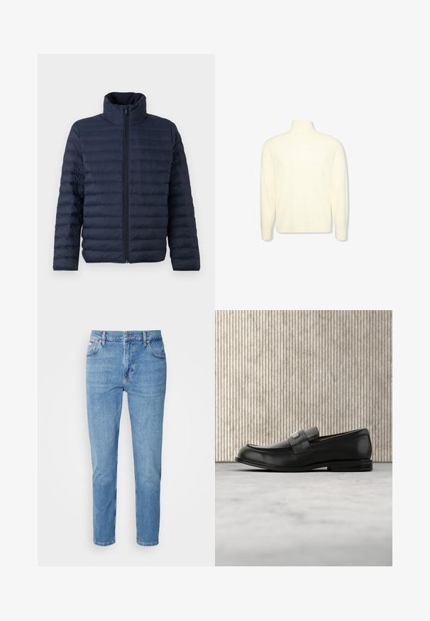 Calvin Klein CHANNELED PUFFER - Jas - dark sapphire; Roomkleurige coltrui met lange mouwen, geribde boorden en een subtiel logo op de borst, getoond op een effen witte achtergrond.; Lichtblauwe denim jeans met een rechte pasvorm, vijf zakken en subtiele vervaging. Voorzien van een knoopsluiting en riemlussen.; Zwarte leren loafer met een metalen merktekenplaatje, rustend bij een bruine ronde tafel op een beige tapijtvloer.