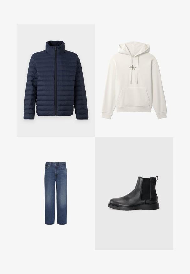 Calvin Klein CHANNELED PUFFER - Overgangsjakke - dark sapphire; Hvid hættetrøje med frontlomme og snore, med et lille Calvin Klein-logo i midten af brystområdet.; Blå jeans med høj talje og lige ben, med frontknap og lynlås, bæltestropper samt for- og baglommer.; Sorte læder chelsea støvler med tekstureret finish, elastiske sidepaneler og en robust gummisål. Subtil branding på hælen.