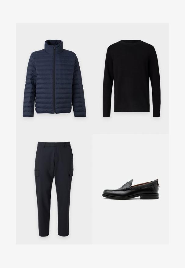 Calvin Klein CHANNELED PUFFER - Overgangsjakke - dark sapphire; Sort striktrøje med rund hals og lange ærmer. Glat tekstur og ensfarvet, uden synlige mønstre eller accenter.; Mørk navy cargo bukser med lige ben, to sidelommer og et fladt frontdesign. Fremstillet af et letvægtsstof.; Sort læder herre loafer med moc-tå syning, penny strop, struktureret krave og lav stablet hæl på hvid baggrund.