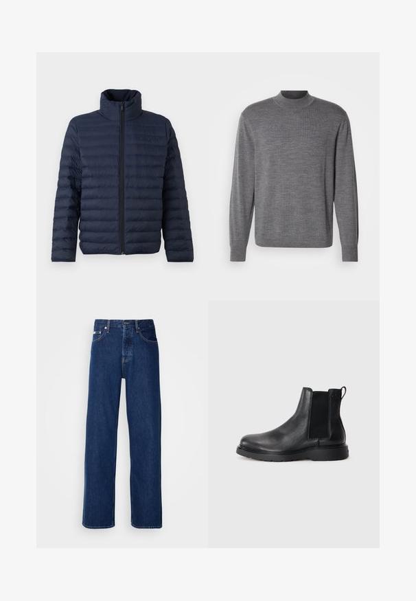 Calvin Klein CHANNELED PUFFER - Overgangsjakke - dark sapphire; Grå langærmet sweater lavet af strikket materiale, med en høj hals og et subtilt logo på brystet. Glat tekstur og tætsiddende design.; Mørkeblå denimjeans med et bredt ben-design, der har en knaplukning og klassisk fem-lomme styling. Stoffet har en glat tekstur.; Sorte læder chelsea støvler med tekstureret finish, elastiske sidepaneler og en robust gummisål. Subtil branding på hælen.
