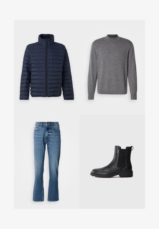 Calvin Klein CHANNELED PUFFER - Overgangsjakke - dark sapphire; Grå langærmet sweater lavet af strikket materiale, med en høj hals og et subtilt logo på brystet. Glat tekstur og tætsiddende design.; Lyseblå denim jeans med lige pasform og let flare. Har fem lommer, knaplukning og subtile slidte detaljer.; Sort læder ankelstøvle med elastiske sidepaneler, træksnor ved hælen og lav bloksål mod en ensfarvet baggrund.