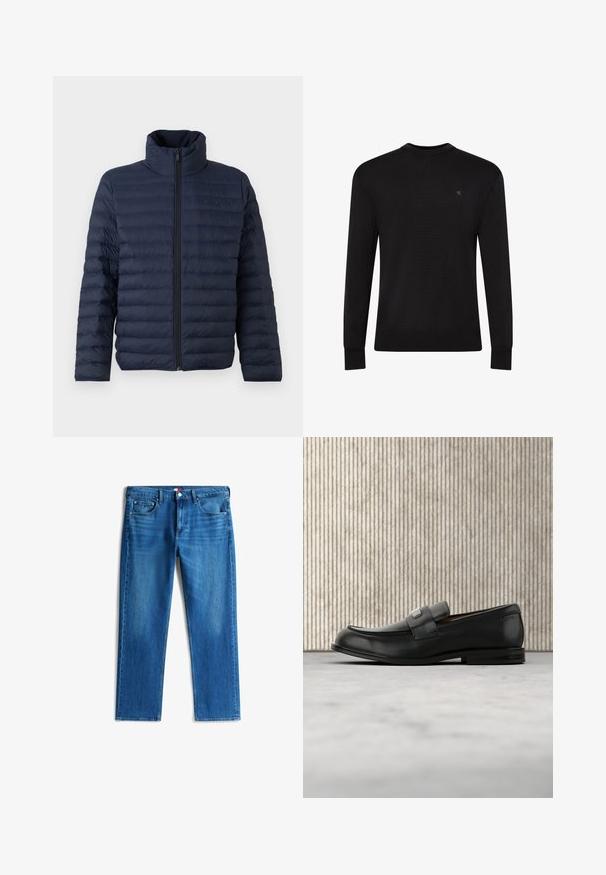 Calvin Klein CHANNELED PUFFER - Jas - dark sapphire; Zwarte trui met lange mouwen en ronde hals, met een klein subtiel logo op de bovenste linkerborst en geribbelde manchetten en zoom.; Blauwe straight-leg spijkerbroek met vijf zakken, knoopsluiting en subtiele vervaging op de voorkant van de dijen.; Zwarte leren loafer met een metalen merktekenplaatje, rustend bij een bruine ronde tafel op een beige tapijtvloer.