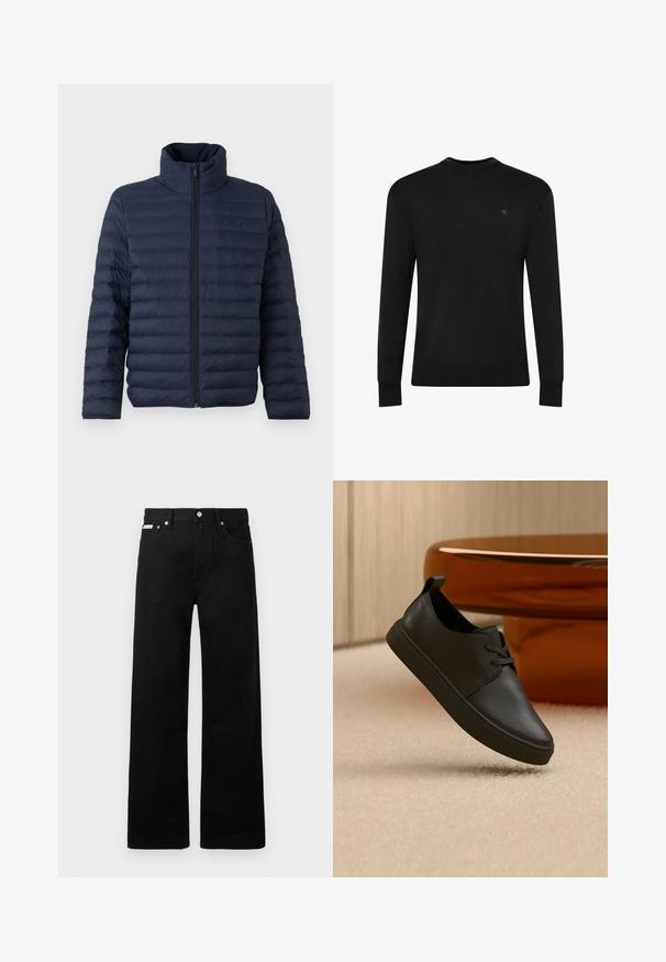 Calvin Klein CHANNELED PUFFER - Übergangsjacke - dark sapphire; Schwarzer Pullover mit Rundhalsausschnitt und langen Ärmeln, kleinem, dezentem Logo auf der oberen linken Brustseite sowie gerippten Bündchen und Saum.; Schwarze Denim-Hose im weiten Bein-Design mit fünf Taschen und metallenen Knopfdetails. Glatte Textur, ohne sichtbare Muster.; Schwarzer Freizeit-Sneaker aus Leder mit Schnürsenkeln, schwebt über einem beigen Teppich, im Hintergrund ein bernsteinfarbenes, rundes Glastisch.