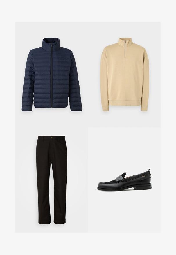 Calvin Klein CHANNELED PUFFER - Overgangsjakke - dark sapphire; Beige sweatshirts med høj hals og halv lynlås. Har ribbede manchetter og kant, med et diskret logo på brystet. Glat tekstur.; Sorte bomuldsbukser med lige pasform, bæltestropper, lynlås foran og en enkelt knappelukning. Glat tekstur uden synlige mønstre.; Sort læderloafer med grå remdetalje, lav hæl og tekstureret sål, mærket med "HUGO" i guld på siden.