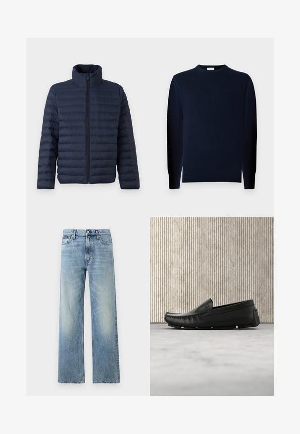 Calvin Klein CHANNELED PUFFER - Veste mi-saison - dark sapphire; Jeune homme aux cheveux bouclés portant un pull à manches longues sombre et un pantalon foncé, debout devant un fond gris uni.; Jean droit en denim bleu clair avec taille haute, cinq poches, fermeture à boutons et léger délavage sur les cuisses et les genoux.; Mocassin en cuir noir flottant au-dessus d'un sol beige couvert de moquette à côté d'une table en verre arrondie de couleur ambre.