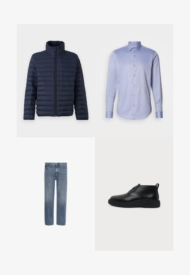 Calvin Klein CHANNELED PUFFER - Chaqueta de entretiempo - dark sapphire; Camisa de manga larga azul clara con cuello, botón en la parte delantera y mangas con puños. Patrón de cuadros sutil y textura de tela lisa.; Vaqueros de denim azul con pierna recta, bolsillos delanteros, trabillas para cinturón y cierre de botón.; Zapato de cuero negro hasta el tobillo con cordones, suela gruesa de goma y lengüeta en el talón, mostrado en perfil lateral sobre un fondo liso.