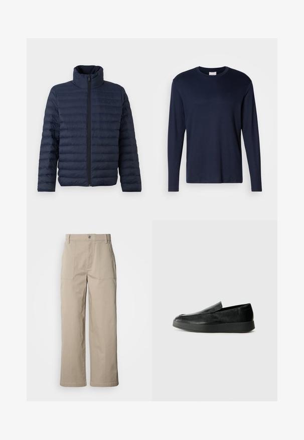 Calvin Klein CHANNELED PUFFER - Veste mi-saison - dark sapphire; T-shirt à manches longues bleu marine en coton doux. Présente un col rond et un petit logo sur la poitrine. Texture lisse, coupe classique.; Pantalon beige à jambes larges en coton ; doté de poches plaquées à l'avant, d'une fermeture à bouton et de coutures visibles le long des ourlets.; Calvin Klein HYBRID CUP - Chaussons - triple black