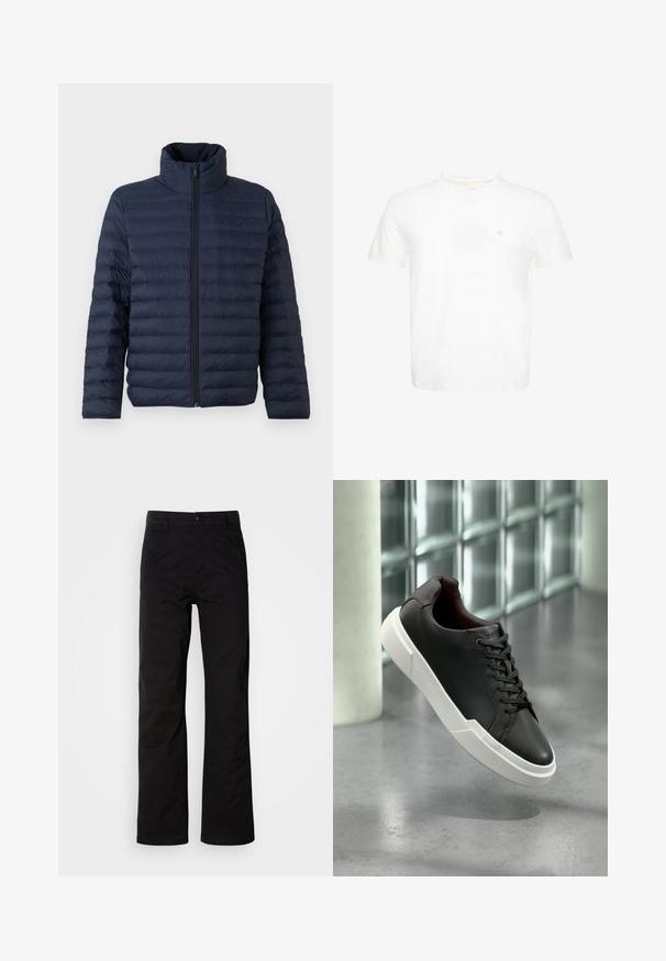 Calvin Klein CHANNELED PUFFER - Jas - dark sapphire; Witte T-shirt met korte mouwen en ronde hals met klein geborduurd "ck"-logo op de linkerborst.; Zwarte katoenen broek met een recht design, voorzien van een knoopsluiting en riemlussen. Gladde textuur en minimalistische stijl zonder zichtbare patronen.; Zwarte leren sneaker met dikke witte zool en zwarte veters, zwevend boven een grijze betonnen vloer nabij een glazen blokmuur.