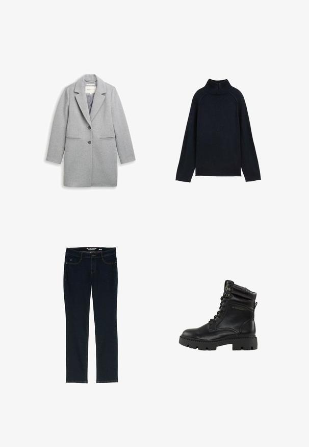 Grå uldblandingsfrakke med slagkrave, to-knaps lukning, sidelommer og lange ærmer. Glat tekstur og skræddersyet design.; Sort turtleneck sweater med ribbet krave, lange ærmer og en afslappet pasform lavet af blødt strikket materiale.; Mørkeblå lige ben jeans lavet af denim. Har fem lommer, kontrastfarvet orange syning og en linning med mærkets navn.; Sorte snørestøvler med en blank læderfinish, polstret krave og kraftig gummisål. Udstyret med metal-øjer og branding på siden.