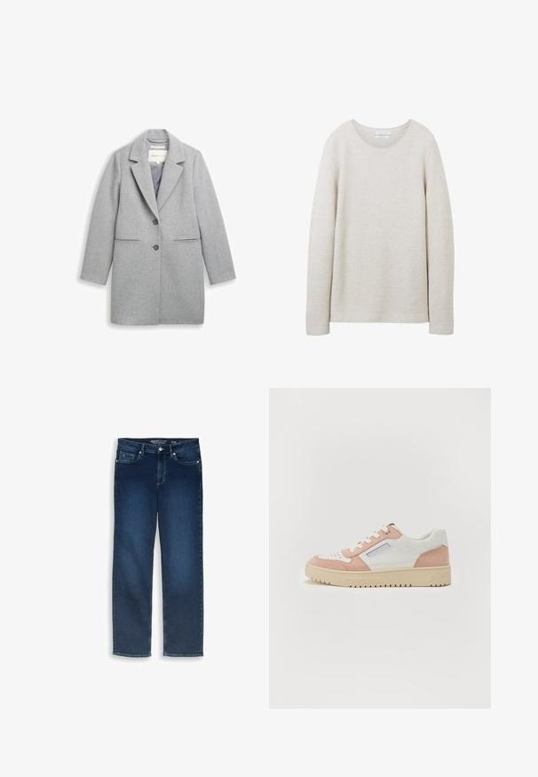 Grå uldblandingsfrakke med slagkrave, to-knaps lukning, sidelommer og lange ærmer. Glat tekstur og skræddersyet design.; Lys beige langærmet sweater med rund halsudskæring, tekstureret ribbet design og lige kant. Blødt stof med subtile striber.; Mørkeblå straight-leg jeans i denim med fem lommer og knaplukning, størrelse 27/32, lagt fladt på en hvid baggrund.; Hvide og lyserøde sneakers i glat læder og ruskind, rund tå, flad sål og tonale snørebånd. Har sidebranding-detalje.