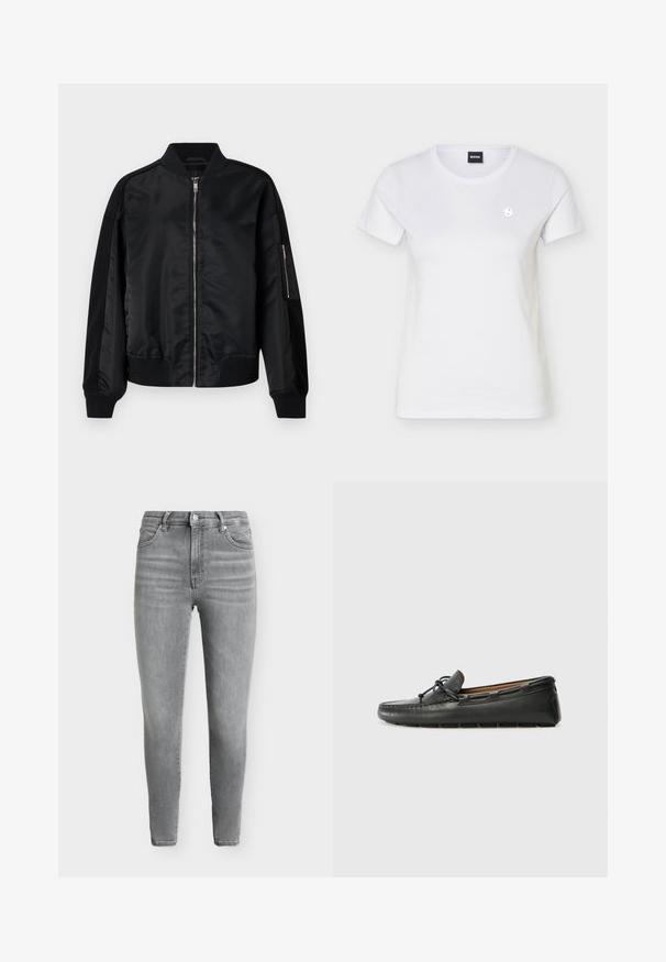 Veste bomber noire à finition satinée, avec poignets et ourlet côtelés, fermeture éclair, et un détail de poche latérale. Comprend des panneaux en tissu contrastant.; T-shirt blanc à manches courtes et col rond, avec un petit badge logo métallique sur le côté gauche de la poitrine et une étiquette de marque noire à l'intérieur du col.; Jean skinny gris taille haute avec poches avant, fermeture par bouton et léger effet délavé aux cuisses et aux genoux.; Bateau en cuir noir avec un bout arrondi, des détails de couture, un petit accent en nœud et une semelle en caoutchouc. Texture lisse et design épuré.