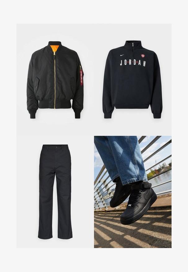 Veste bomber noire avec fermeture éclair dorée, poignets côtelés et doublure orange. Elle présente une poche latérale et une étiquette rouge de marque sur la manche.; Sweat-shirt noir avec un col montant, une fermeture éclair frontale, le texte blanc "JORDAN" et un patch logo sur la poitrine. Tissu doux et poignets côtelés.; Pantalons cargo noirs avec une coupe droite, dotés de poches latérales et d'un tissu texturé. Fermeture par bouton à la taille pour un maintien sécurisé.; Baskets Nike Air Force 1 noires avec tige en cuir, languette en maille et semelle en caoutchouc, dotées d'un design montante et de lacets épais.