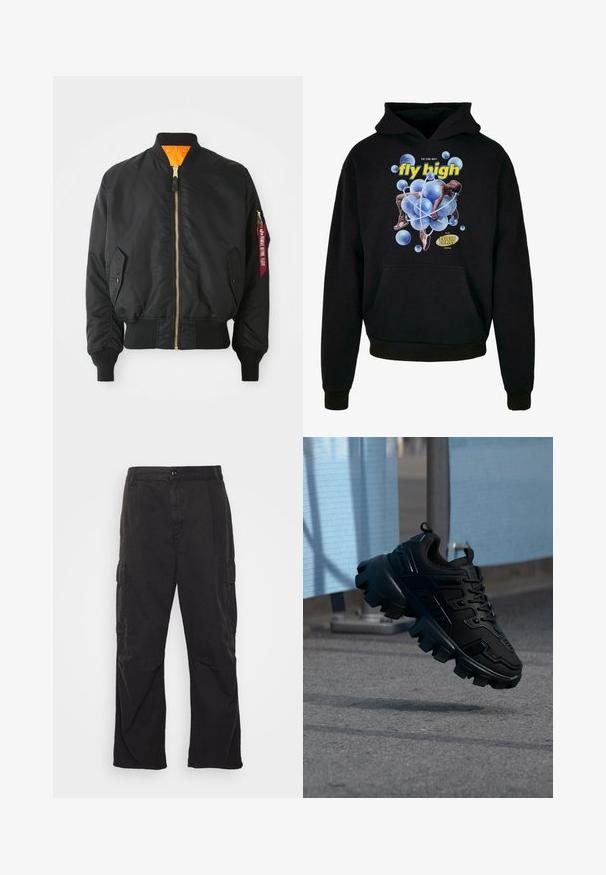 Veste bomber noire avec fermeture éclair dorée, poignets côtelés et doublure orange. Elle présente une poche latérale et une étiquette rouge de marque sur la manche.; Sweatshirt noir avec capuche arborant un graphique central de bulles bleues et une silhouette. Le texte indique "fly high" en jaune. Poche kangourou à l'avant.; Pantalons cargo noirs avec une coupe droite, dotés de deux poches latérales, d'une fermeture à bouton et d'un tissu texturé.; Baskets noires épaisses avec semelle à crampons épais flottant au-dessus d'un trottoir gris, sur un fond bleu clair et gris flou.