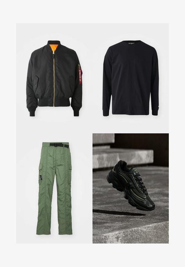 Sort bomberjakke med guld lynlås, ribbet manchetter og en orange foring. Har en sidelomme og et mærket rødt tag på ærmet.; Sort langærmet t-shirt lavet af bomuld, med rund halsudskæring og lige pasform, samt et lille logodetalje på ærmet.; Cargo bukser i olivengrøn, lavet af let materiale. Har et sort bælte, cargo-lommer på siderne og syningsdetaljer.; Sort New Balance sneaker med neon grønne accenter svævende over grå betontrin i dæmpet belysning.