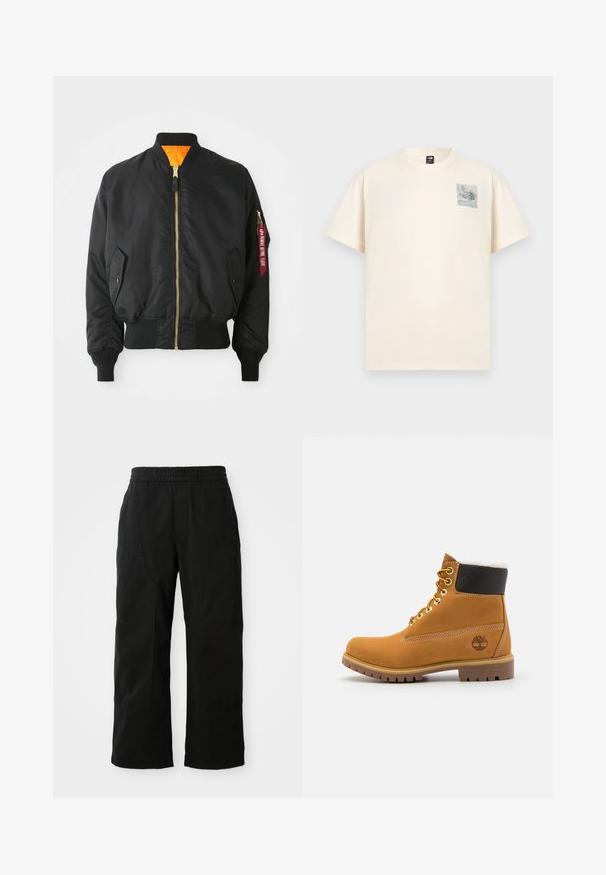 Sort bomberjakke med guld lynlås, ribbet manchetter og en orange foring. Har en sidelomme og et mærket rødt tag på ærmet.; Kortærmet cremefarvet T-shirt med lille grafik og The North Face-logo på venstre bryst, vist på en ensfarvet baggrund.; Sorte bomuldsbukser med elastisk talje, vid bendesign og store sidelommer. Stoffet virker blødt med en glat tekstur.; Brune læder ankelstøvle med metaløjer, hvid pelsforing, sort polstret krave, robust sål og præget logo på siden.