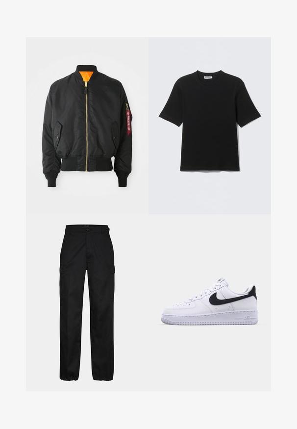 Sort bomberjakke med guld lynlås, ribbet manchetter og en orange foring. Har en sidelomme og et mærket rødt tag på ærmet.; Sort kortærmet T-shirt med rund hals og "WEEKDAY" mærke på indersiden af kraven, vist fladt på en lys baggrund.; Sorte cargo bukser med lige pasform, der har sidelommer, knaplukning og elastiske manchetter ved anklerne. Fremstillet af slidstærkt stof.; Hvide lædersneakers med en struktureret sort Swoosh, flade snørebånd og en gummisål med et rillemønster. "AIR" er præget på hælen.