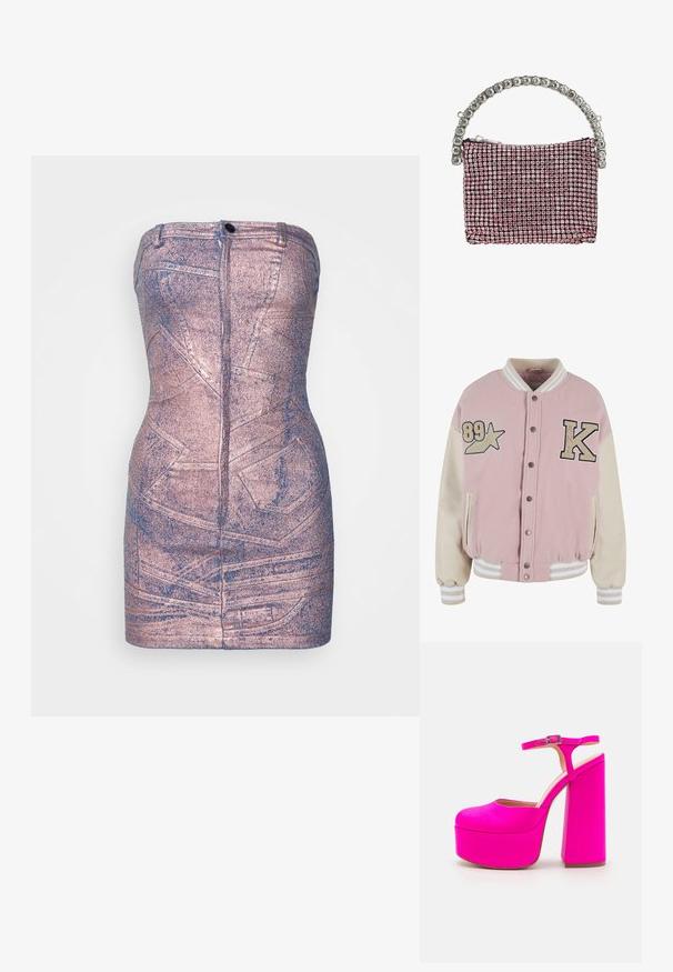 Karl Kani RETRO PATCH STAR OS COLLEGE - Bomberjacke - rose lightsand; Sinead Gorey DISTRESSED PATCHWORK POCKET MINIDRESS WITH ZIP UP FRONT - Jeanskleid - pink; Walk London PHEONIX CLOSED TOE PLATFORM - High Heel Pumps - pink; Kleine Handtasche, besetzt mit rosa Strasssteinen und einem gebogenen Griff aus großen klaren Edelsteinen.