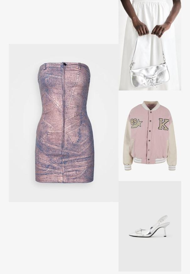 Karl Kani RETRO PATCH STAR OS COLLEGE - Bomberjakke - rose lightsand; Sinead Gorey DISTRESSED PATCHWORK POCKET MINIDRESS WITH ZIP UP FRONT - Denimkjoler - pink; Sølv slingback-høje hæle med spids tå, blank finish og et rektangulært pynt foran, med en slank hæl og justerbar rem.; Sølvmetallic håndtaske med snøredetaljer, der har et slankt design og en kort strop. Tasken holdes i hænderne for at fremvise dens tekstur.