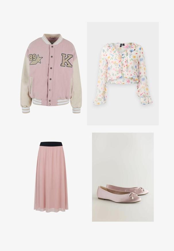 Karl Kani RETRO PATCH STAR OS COLLEGE - Bomberjacke - rose lightsand; Blumiges Crop-Top aus leichtem Stoff. Mit Rüschensaum an Hals und Ärmeln. Vorherrschende Farben sind Weiß, Pink, Gelb und Blau.; Pink knöchellanger Rock mit einem transparenten äußeren Stoff und einem breiten schwarzen elastischen Taillenbund.; Rosa Satin-Ballettschuhe mit abgerundeter Zehe, dekorativem Bogen und Perlenakzent. Flache Sohle mit glatter Struktur und niedrigem Profil.