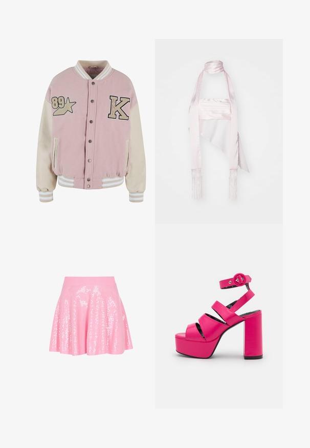 Karl Kani RETRO PATCH STAR OS COLLEGE - Bomberjacke - rose lightsand; Rosa Satinschal mit langem Design, fransigen Kanten und einem schlanken Bindeband. Die glatte Textur und die drapierte Form verstärken seine Eleganz.; Rosa Paillettenrock mit einem figurbetonten, gerippten Taillenbund. Der schwingende Schnitt zeichnet sich durch glänzende, reflektierende Pailletten aus, die in einem Muster über den Stoff angeordnet sind.; LAMODA MILLIONS - Plateausandalette - fuchsia