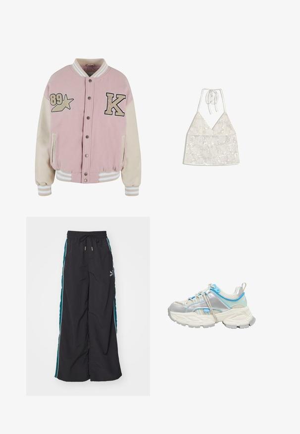 Karl Kani RETRO PATCH STAR OS COLLEGE - Bomberjakke - rose lightsand; Hvid blonde halter crop top med blomsterprint og små palietbesætninger, bundet i nakken med tynde stropper.; Sorte bukser med bred benvidde, som har en snøre i taljen, teal-farvede sidelægger og hvide accentstriber. Fremstillet af et glat og let materiale.; Kraftig hvid og sølv sneaker med lyseblå accenter, mesh-stof, tyk sål og beige snørebånd, set fra siden.