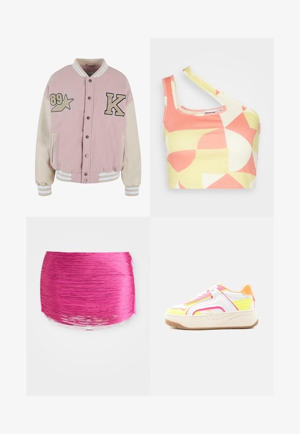 Karl Kani RETRO PATCH STAR OS COLLEGE - Bombera - rose lightsand; Noisy May CROSS NECK CROP - Top - eggnog/pale lime yellow/sun kissed coral; Ružová plisovaná látka s horizontálnymi pruhmi, zaobleným tvarom a kontrastným lesklým okrajom. Textúrovaná s živou farbou a hladkým povrchom.; Biely teniska s ružovými, žltými a oranžovými akcentmi, hrubou béžovou podrážkou, šnurovacím zapínaním a logom značky na boku a podrážke.
