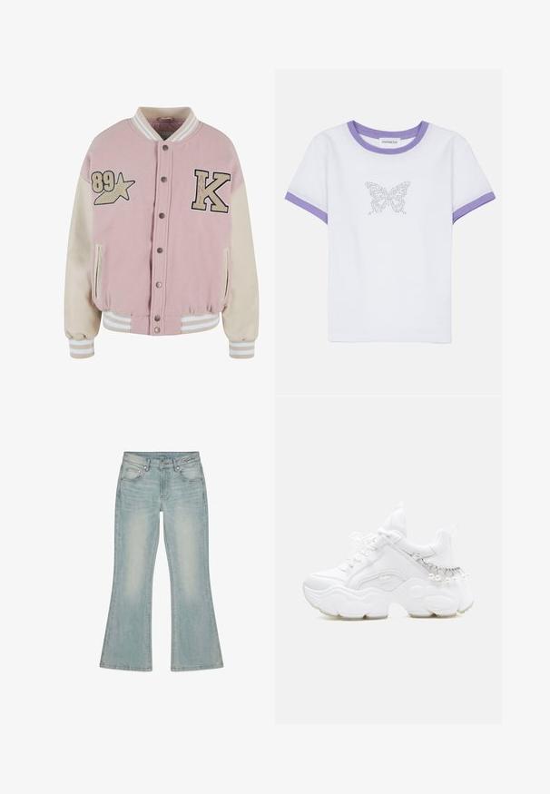 Karl Kani RETRO PATCH STAR OS COLLEGE - Bomberjacke - rose lightsand; Weißes Baumwoll-T-Shirt mit kurzen Ärmeln, lila geripptem Ausschnitt und Bündchen, mit einem Schmetterlingsdesign aus Strasssteinen auf der Vorderseite.; Hellblaue Denim-Jeans mit leicht ausgestelltem Bein, Fronttaschen, Gürtelschlaufen und Knopfverschluss, flach auf weißem Hintergrund ausgelegt.; Weißer klobiger Sneaker mit dicker Sohle, Schnürsenkeln vorne und Kettendetail mit hängenden Perlen an der Ferse.