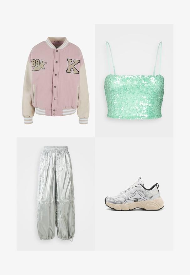 Karl Kani RETRO PATCH STAR OS COLLEGE - Bombera - rose lightsand; Gina Tricot CROP - Top - light green; Strieborné ľahké cargo nohavice s lesklou textúrou, elastickým pásom, zúženými manžetami a dvoma veľkými prednými vreckami.; Biele športové topánky s priehľadnou a syntetickou panelovou konštrukciou, strieborné akcenty, masívna krémová podrážka a kontrastné čierne detaily. Obsahuje systém šnurovania.