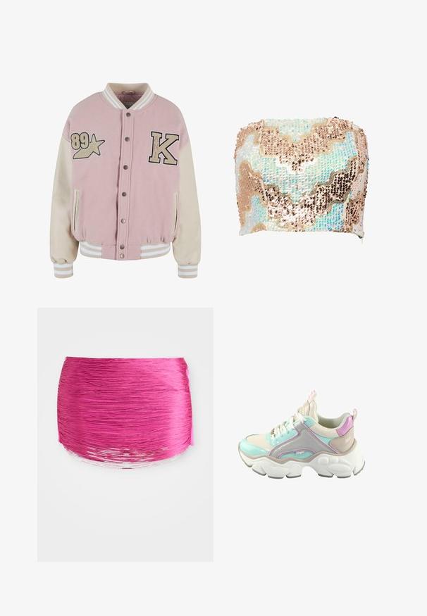 Karl Kani RETRO PATCH STAR OS COLLEGE - Bomberjakke - rose lightsand; SOMETHINGNEW SNBABE TUBE SEQUIN CORSET - Top - moonstone; Lyserød plisseret stof med horisontale linjer, rund form og kontrastfyldt glansfuld kant. Tekstureret med livlig farve og glat finish.; Chunky sneakers med en blanding af lys blå, beige og pink syntetiske materialer, med en tyk hvid sål og snørebåndsdesign.