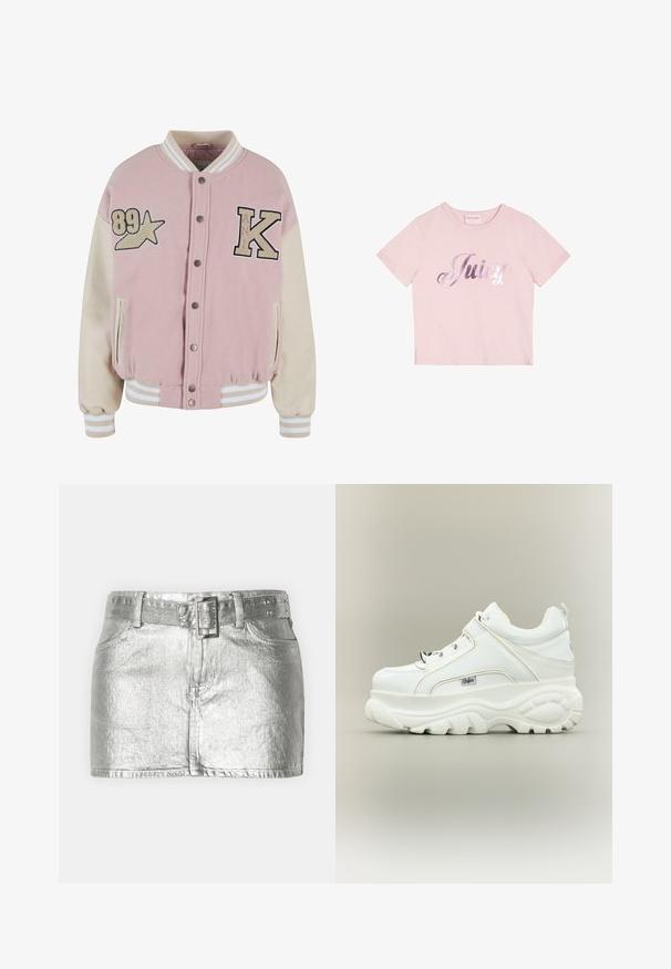 Karl Kani RETRO PATCH STAR OS COLLEGE - Bomberjakke - rose lightsand; Lyserød t-shirt med korte ærmer lavet af bomuld, med en metallisk sølvskrift "Juicy" på forsiden. Enkel rund halsdesign.; Sølvmetallic denimnederdel med bælte i taljen, der har fire lommer, lynlås foran og en let slidt tekstur.; Hvid platformsneaker med tyk klodset sål, snørebånd foran og Buffalo-brandlogo på siden, vist fra ydersiden.