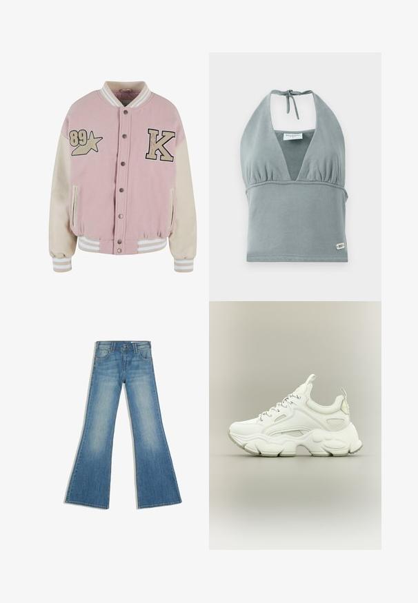 Karl Kani RETRO PATCH STAR OS COLLEGE - Bombera - rose lightsand; Halter krčný crop top v tlmených šedých farbách, vyrobený z mäkkej tkaniny, s naškrobeným dekoltom, sieťkovými detailami a malou logo nášivkou na leme.; Modré denimové džínsy s rozšíreným lemom, prednými vreckami a zapínaním na gombíky, zobrazené na bielom pozadí.; Biele robustné tenisky s hrubou textúrovanou podrážkou, sieťovinovým a koženým zvrškom, zapínanie na šnúrky a pútka na jazyku a päte.