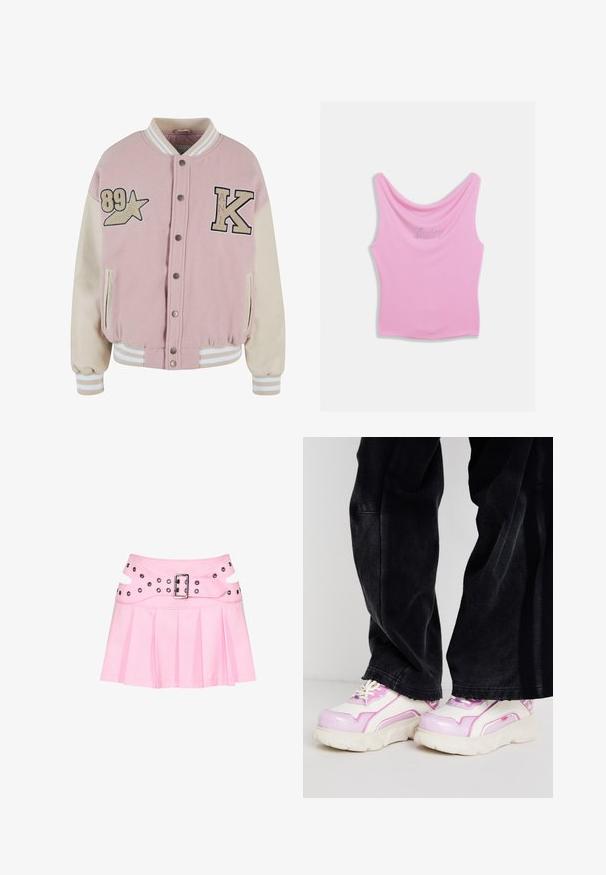 Karl Kani RETRO PATCH STAR OS COLLEGE - Bomberjakke - rose lightsand; Pink tanktop med rund halsudskæring og tætsiddende silhuet, med "Juicy" skrevet i rhinsten hen over brystet. Blød stoftekstur.; Pink plisseret mini nederdel med bred dobbeltlagret linning, sølvspænde og flere nitter til fastgørelse og dekoration.; Chunky sneakers i hvid og pink farveskema med en glansfuld finish og tyk, struktureret sål. Snørebåndene er i en kontrasterende farve.