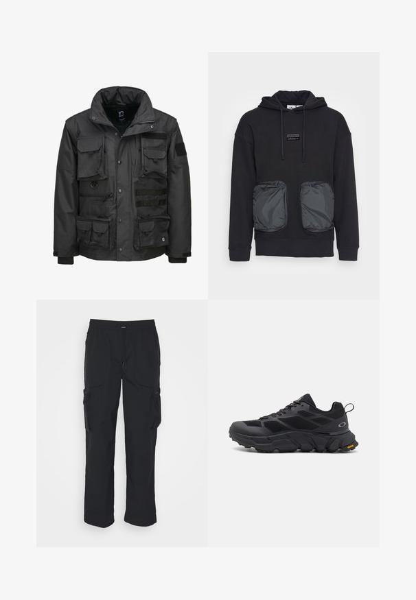 Schwarze Utility-Jacke mit mehreren Taschen, hohem Kragen, Reißverschluss und verstellbaren Bündchen. Hergestellt aus strapazierfähigem, wetterfestem Material.; Schwarzer Kapuzenpullover mit lässiger Passform, ausgestattet mit zwei großen Reißverschlusstaschen aus glänzendem Material auf der Vorderseite. Kleines Logopatch über den Taschen.; Schwarze Cargo-Hosen aus gewebtem Stoff. Mit verstellbarem Bund, Seitentaschen und zwei Utility-Taschen mit Reißverschlüssen.; Schwarze Sportschuhe mit einer robusten Sohle, Obermaterial aus Mesh und Synthetik, strukturierten Akzenten und Vibram-Branding an der Außensohle.