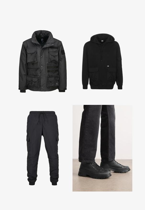 Schwarze Utility-Jacke mit mehreren Taschen, hohem Kragen, Reißverschluss und verstellbaren Bündchen. Hergestellt aus strapazierfähigem, wetterfestem Material.; Schwarzer Kapuzenpulli aus weichem Stoff, mit einer Kordelzugkapuze, Fronttaschen und einem Logo-Patch auf der linken Brustseite.; Schwarze Cargo-Hosen mit elastischem Bund und Kordelzug, ausgestattet mit seitlichen Taschen und gerippten Säumen. Hergestellt aus leichtem, strapazierfähigem Stoff.; Schwarze Schnürsneaker mit einer klobigen, strukturierten Sohle und glattem Obermaterial. Mit Metallösen und einem gerippten Akzent um die Zehenpartie.