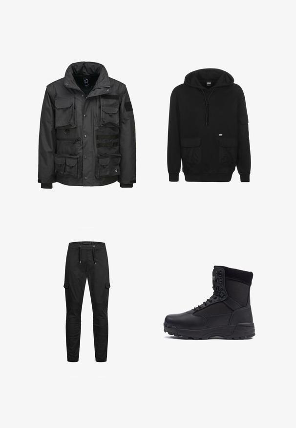 Schwarze Utility-Jacke mit mehreren Taschen, hohem Kragen, Reißverschluss und verstellbaren Bündchen. Hergestellt aus strapazierfähigem, wetterfestem Material.; Schwarzer Kapuzenpulli aus weichem Stoff, mit einer Kordelzugkapuze, Fronttaschen und einem Logo-Patch auf der linken Brustseite.; Schwarze Cargohose mit elastischem Bund, Kordelzug, seitlichen Klappentaschen, Knieabsteppungen und elastischen Bündchen.; Schwarzer taktischer Stiefel mit einem glatten Lederoberteil und Stoffpaneelen, hoher Knöchelgestaltung, schnürbarem vorderen Teil und robustem Gummisohle.