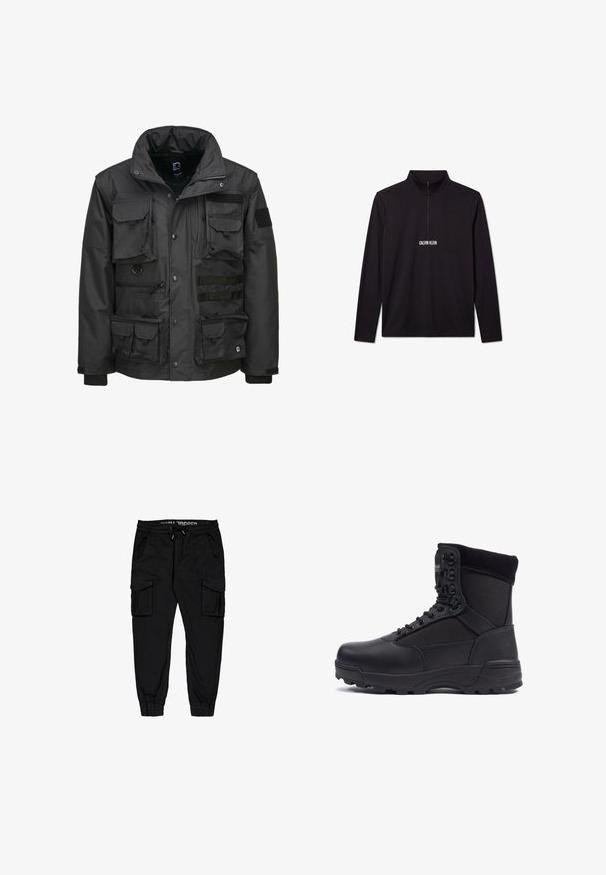 Veste utilitaire noire dotée de plusieurs poches, d'un col haut, d'une fermeture éclair et de poignets ajustables. Fabriquée en matériau durable et résistant aux intempéries.; Pull noir à manches longues Calvin Klein avec une fermeture éclair sur le quart et un logo blanc imprimé sur la poitrine.; Pantalons cargo noirs en tissu léger, dotés d'une taille élastique, d'un cordon de serrage et de plusieurs poches latérales avec des poignets fuselés.; Botte tactique noire avec une tige en cuir lisse et des panneaux en tissu, design montante, fermeture à lacets à l'avant et semelle en caoutchouc robuste.