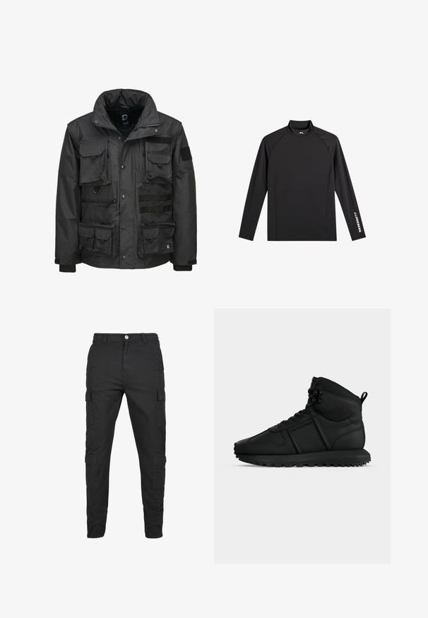 Veste utilitaire noire dotée de plusieurs poches, d'un col haut, d'une fermeture éclair et de poignets ajustables. Fabriquée en matériau durable et résistant aux intempéries.; Haut de sport noir à manches longues avec col montant, coupe ajustée, et logo blanc "J.Lindeberg" sur la manche gauche et le col.; Pantalons cargo noirs en tissu durable. Comprend plusieurs poches latérales, une fermeture à bouton et un design de jambe fuselée. Devant plat, sans motifs.; Baskets montantes noires avec semelle épaisse, lacets à l'avant et languette au talon, vues de côté sur fond blanc uni.