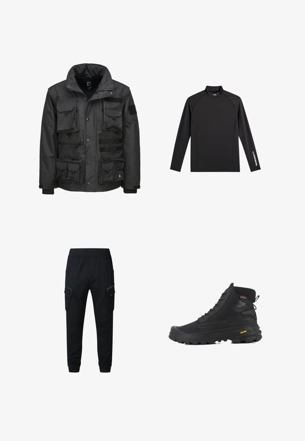 Veste utilitaire noire dotée de plusieurs poches, d'un col haut, d'une fermeture éclair et de poignets ajustables. Fabriquée en matériau durable et résistant aux intempéries.; Haut de sport noir à manches longues avec col montant, coupe ajustée, et logo blanc "J.Lindeberg" sur la manche gauche et le col.; Pantalon cargo noir à coupe décontractée, confectionné dans un tissu léger. Il comporte plusieurs poches zippées et des poignets élastiques aux chevilles.; Baskets montantes noires avec une surface texturée, dotées d'un design imperméable, d'un système de laçage et d'une semelle en caoutchouc proéminente avec la marque Vibram.