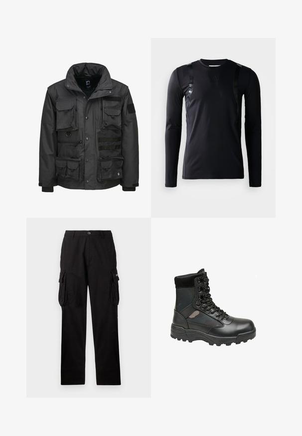 Must must jacket, kus on palju taskuid, kõrge krae, lukuga sulgemine ja reguleeritavad mansetid. Valmistatud vastupidavast, ilmastikukindlast materjalist.; Must have pikkade varrukatega spordipoliis, mis on valmistatud siledast ja venivast kangast. Omab läikivaid musti aktsente õlgadel ja Adidas logo rinnal.; Mustad mustad püksid, mis on valmistatud vastupidavast kangast, laia lõikega, küljetaskutega ja nupuga sulgemisega. Sile tekstuur koos kergelt läikiva pinnaga.; Mustad mustriga stiilis saapad, millel on nahast ülaserv, kangast paneelid, nöörist eesmine osa ja vastupidav kummist tall, mis pakub haarduvust. Tugevdatud varvas ja pahkluu tugi.