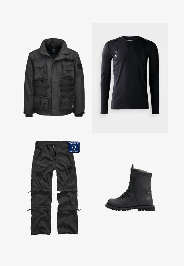 Veste utilitaire noire dotée de plusieurs poches, d'un col haut, d'une fermeture éclair et de poignets ajustables. Fabriquée en matériau durable et résistant aux intempéries.; T-shirt de sport à manches longues noir en tissu lisse et extensible. Présente des accents noirs brillants sur les épaules et un logo Adidas sur la poitrine.; Pantalons cargo noirs déperlant avec poches zippées, poignets réglables et un matériau durable. Présente un logo sur la ceinture.; Botte de randonnée en cuir noir avec finition texturée, col rembourré et épaisse semelle en caoutchouc. Équipée d'œillets en métal et de accents noirs contrastants.