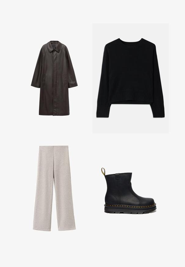 Manteau en cuir marron avec un col, des manches longues et deux poches avant. Texture lisse et design à coupe droite.; Pull noir avec encolure ronde, poignets et ourlet côtelés. Dispose d'un design court et d'une texture douce. Convient pour un style décontracté.; Pantalon ample gris clair en tissu doux. Présente une texture lisse et un design simple, épuré, sans poches ni accessoires.; Bottine en cuir noir avec un bout rond, finition texturée, surpiqûres jaunes le long de la semelle et une languette à l'arrière.