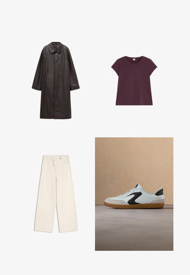 Brauner Ledermantel mit Kragen, langen Ärmeln und zwei vorderen Taschen. Glatte Textur und gerade geschnittenes Design.; Damen T-Shirt mit kurzen Ärmeln, Rundhalsausschnitt, einfarbig dunkelviolett, flach auf weißem Hintergrund gelegt.; Off-White weite Hosen mit Vordertaschen, Gürtelschlaufen und silbernen Knöpfen an Bund und Taschenrändern.; Weißer und brauner Sneaker mit glattem Lederobermaterial, Wildleder-Akzenten, schwarzem Logo und einer Sohle aus Gummigerbstoff, mit Schnürdesign.