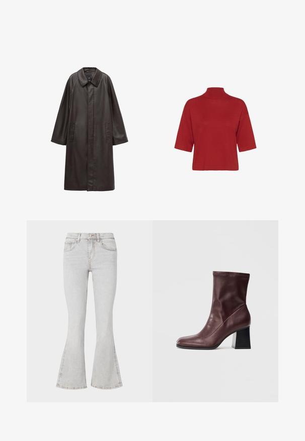 Brun læderfrakke med krave, lange ærmer og to frontlommer. Glat tekstur og lige snit design.; Rød, kortærmet turtleneck top med en afslappet pasform og glat tekstur. Har en ensfarvet design uden mønstre eller detaljer.; Lys grå flared jeans med et klassisk fem-lomme design, slim fit gennem låret og flagrende nederste del ved anklen.; Burgunderrød læder ankelstøvle med firkantet tå og ribbet ankelfledd, der har en kraftig sort blokhæl med vandrette riller.