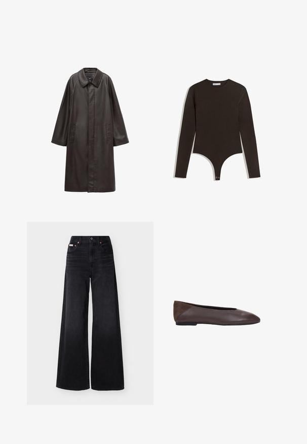Manteau en cuir marron avec un col, des manches longues et deux poches avant. Texture lisse et design à coupe droite.; Body à manches longues en tissu marron foncé, avec un col arrondi et une fermeture à pression en bas, conçu avec une silhouette ajustée.; Jean noir à jambes larges avec taille haute, fermeture avant par boutons et fermeture éclair, passants pour ceinture, et design à cinq poches.; Chaussure plate marron foncé avec bout arrondi, corps en cuir lisse et patte de talon en daim, présentée de profil sur fond blanc.
