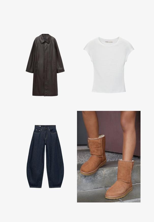 Brun læderfrakke med krave, lange ærmer og to frontlommer. Glat tekstur og lige snit design.; Hvid bomuld t-shirt med korte, opsmøgede ærmer, rund halsudskæring og lige kant. Glat tekstur uden synlige mønstre eller detaljer.; Mørkeblå vidde jeans med frontlommer, bæltestropper og knaplukning i taljen.; Brune ruskind ankelstøvler med rund tå, blødt foer og gummisål, der har synlige stikninger langs sømmene.
