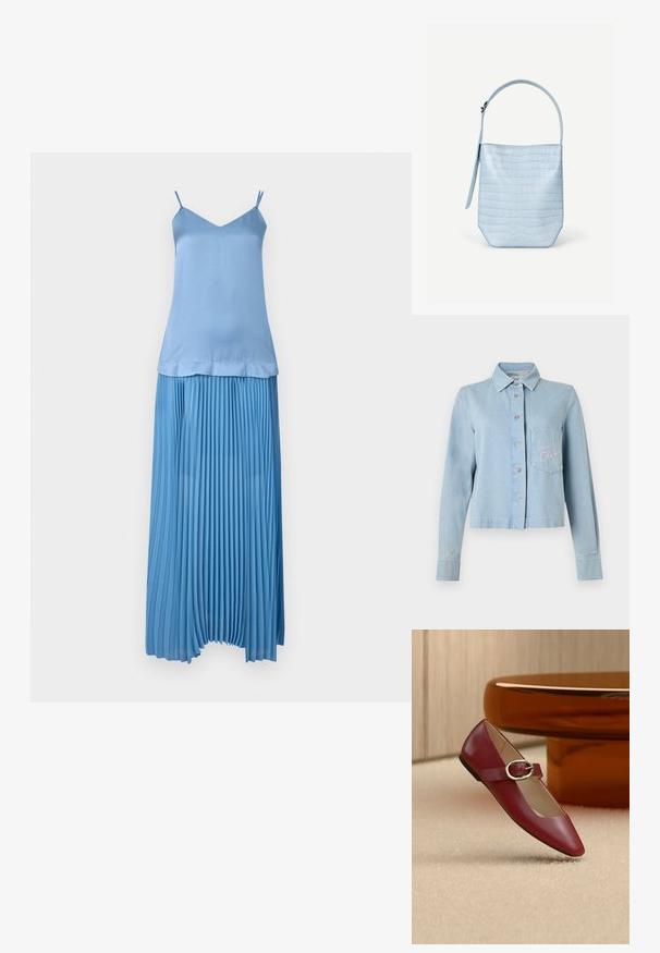 Veste en denim bleu clair avec fermeture à boutons, col pointu et manches longues. Comprend une poche poitrine avec broderie rose.; Haut bleu sans manches avec bretelles spaghetti associé à une longue jupe plissée assortie sur fond blanc.; Chaussure plate Mary Jane en cuir rouge avec une bride à boucle argentée, posée sur un tapis beige près d'une table ronde marron.; Sac à main bleu clair avec texture crocodile, forme rectangulaire, poignée unique en haut et une bandoulière latérale suspendue sur un fond blanc uni.
