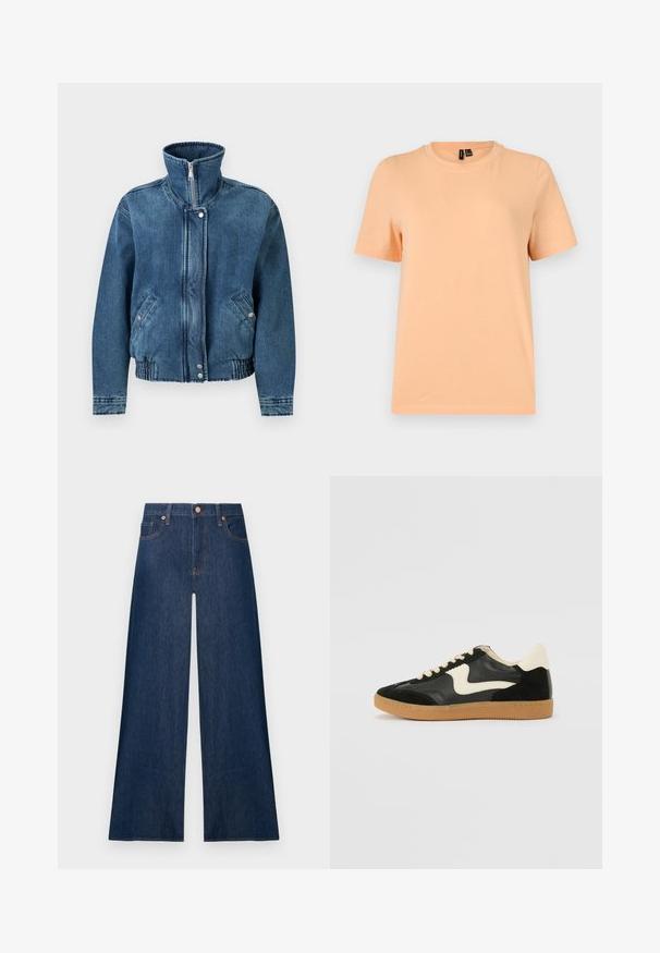 Mørkeblå denimjakke med høj krave, frontlynlås, to sidelommer og elastisk talje for en tætsiddende pasform.; Ensfarvet ferskenfarvet t-shirt med korte ærmer og rund hals med sorte størrelsesmærker indeni kraven, vist på en lysegrå baggrund.; Mørkeblå vidde jeans i denim med knapper foran og lommer, vist mod en ensfarvet lys baggrund.; Sorte ruskinds- og lædersneakers med en cremefarvet side-swoosh og lys cremefarvet hæl. Har beige snørebånd og en gummirubber-sål.