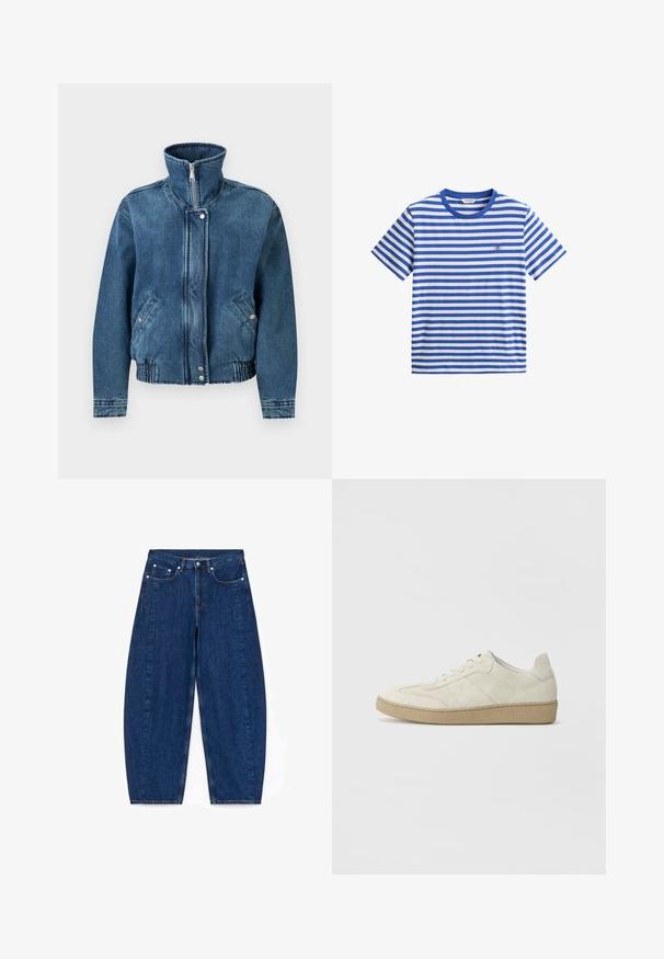 Mørkeblå denimjakke med høj krave, frontlynlås, to sidelommer og elastisk talje for en tætsiddende pasform.; Blå og hvid T-shirt med korte ærmer, vandrette striber, rund halsudskæring og lille broderet logo på brystet.; Mørkeblå denimbukser med bred ben og høj talje, fem lommer og sølvhardware. Har synlige syninger og en glat tekstur.; Beige ruskind sneakers med et struktureret design, flad gummisål og karakteristisk sidesyning. Rund tå og polstret krave.