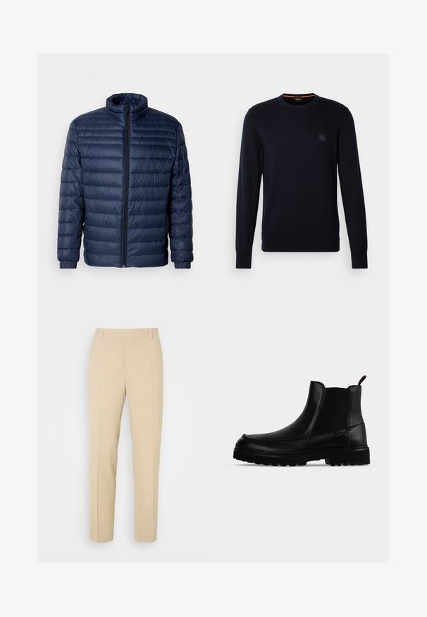 Veste matelassée en duvet bleu marine avec col montant, fermeture éclair avant intégrale et poignets élastiques, présentée sur un fond clair uni.; Pull en tricot bleu marine avec des manches longues, un col ras du cou, des poignets et un ourlet côtelés, arborant un petit logo carré sur la poitrine.; Pantalons beige ajustés avec une coupe droite, fabriqués en tissu léger, dotés de deux poches avant et de plis bien repassés.; Bottine noire en cuir avec semelle texturée, panneaux latéraux élastiques et languette de tirage sur fond gris clair.